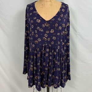 Lane Bryant Purple Floral Knit Long Sleeve A-line Peplum  Blouse Size 14/16